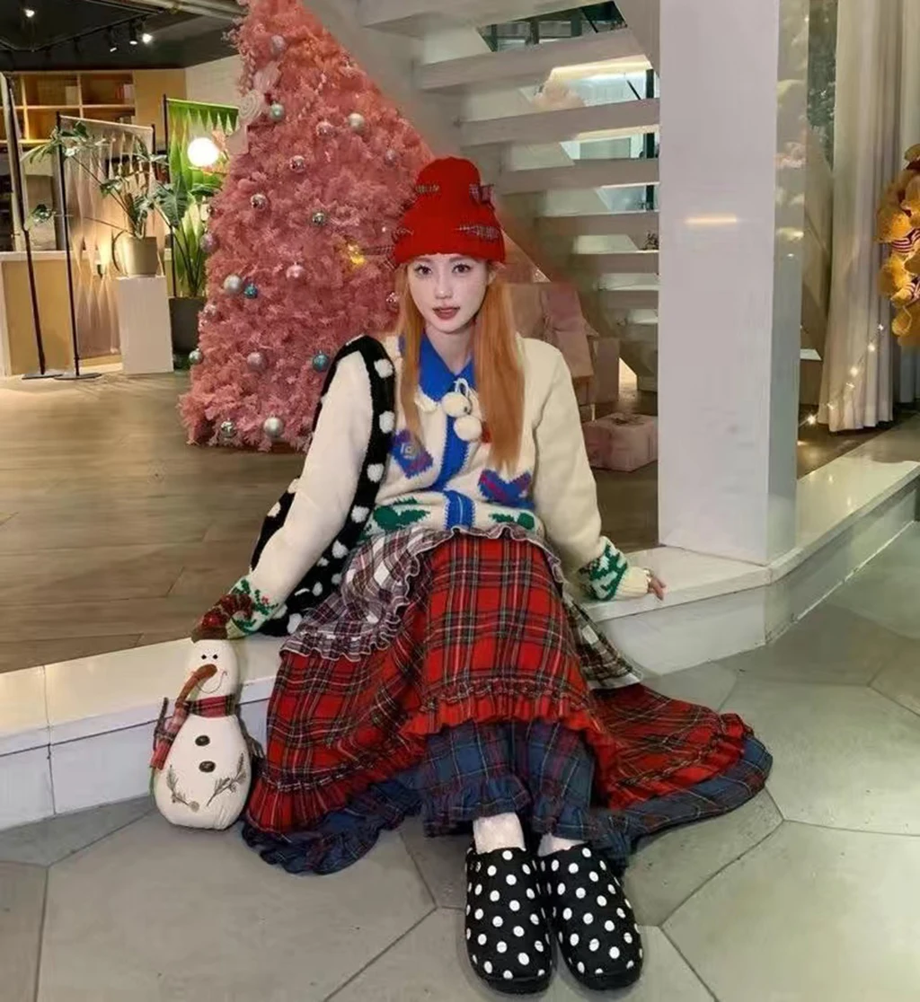 Designer Kerst Plaid Kanten Ruches Maxi Rok Taart Lange Rokken Herfst Vrouwen A-lijn Midi Rokken Engeland Klassieke Retro Rok