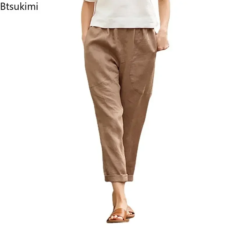 Spring Summer Women\'s Cotton Linen Trousers Pants Solid Elastic Waist Oversized Pants Women Straight White Homewear Trousers 5XL