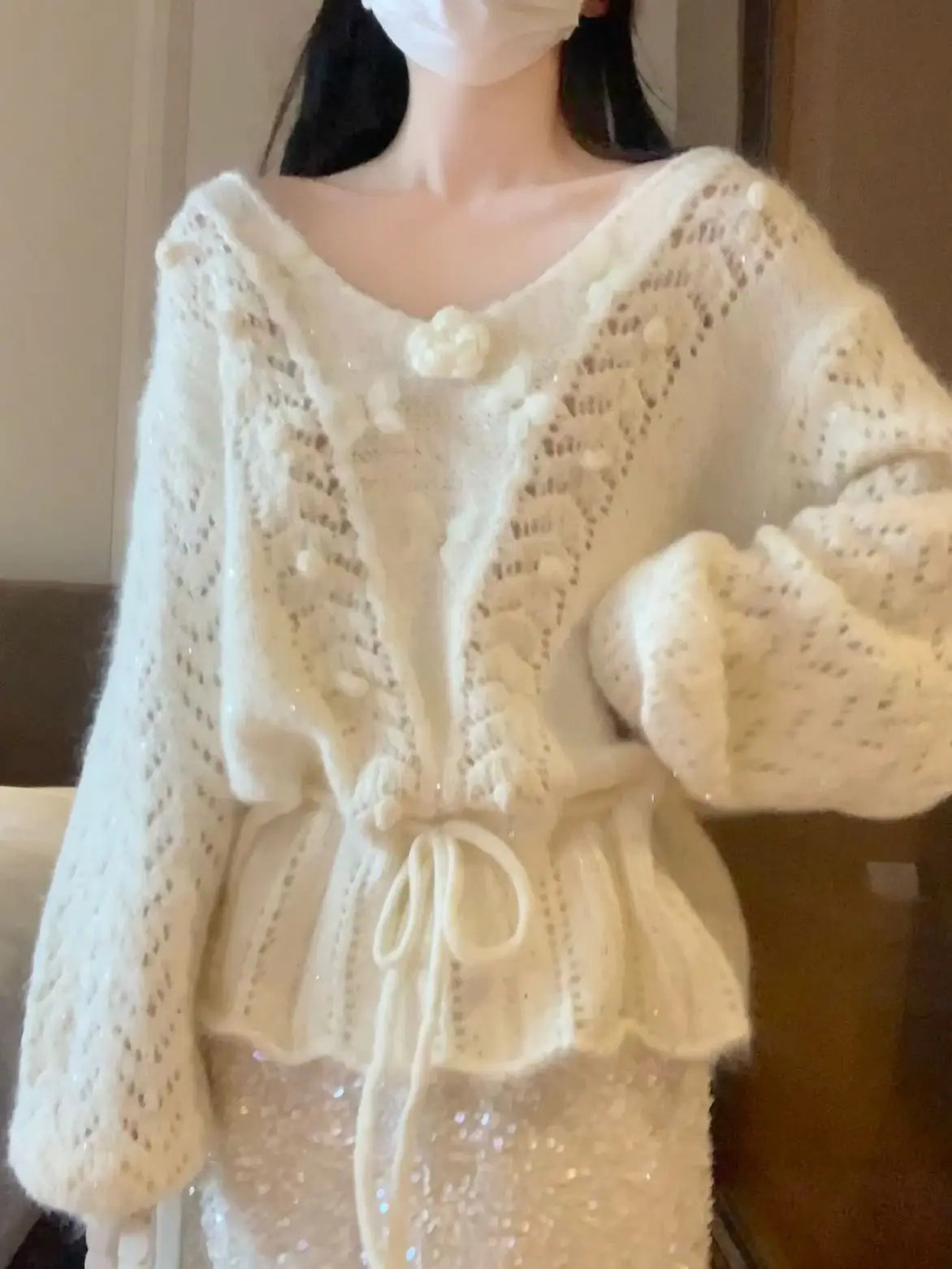 

Уютный свитер Lazy iny Bubble Sve: мягкий, теплый, осенне-зимний, с V-образным вырезом, длинными рукавами, вязаный, с поясом, повседневный, для работы и отдыха, модный.