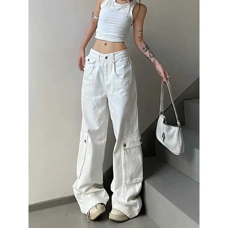 QWEEK Baggy Vintage Cargo Jeans Woman Korean Fashion Casual Harajuku Wide Leg Denim Pants Basic Ladies Fashion White Trousers