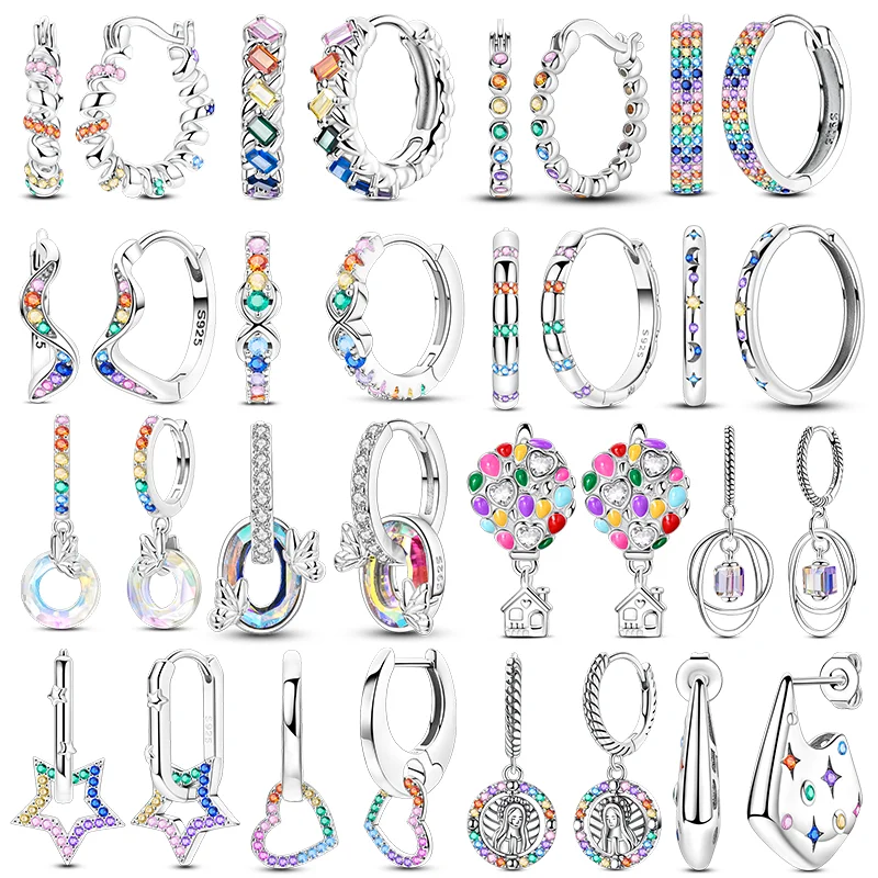 Brincos de argola de prata 925, brincos estrelados com balão de ar quente, brincos Madonna para mulheres e meninas, presentes de joias para aniversário e casamento