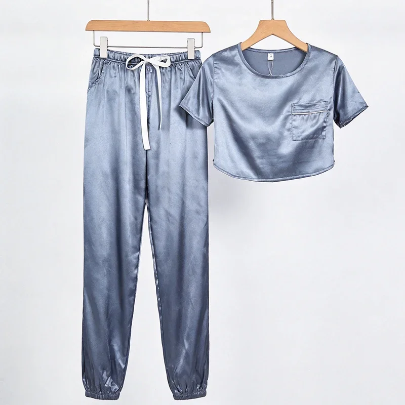 Women Two-Piece Pajama Set Short Sleeve Top and Pants O-Neck Bow Pullover Loungewear Thin Soft Solid Color Large Size Sleepwear