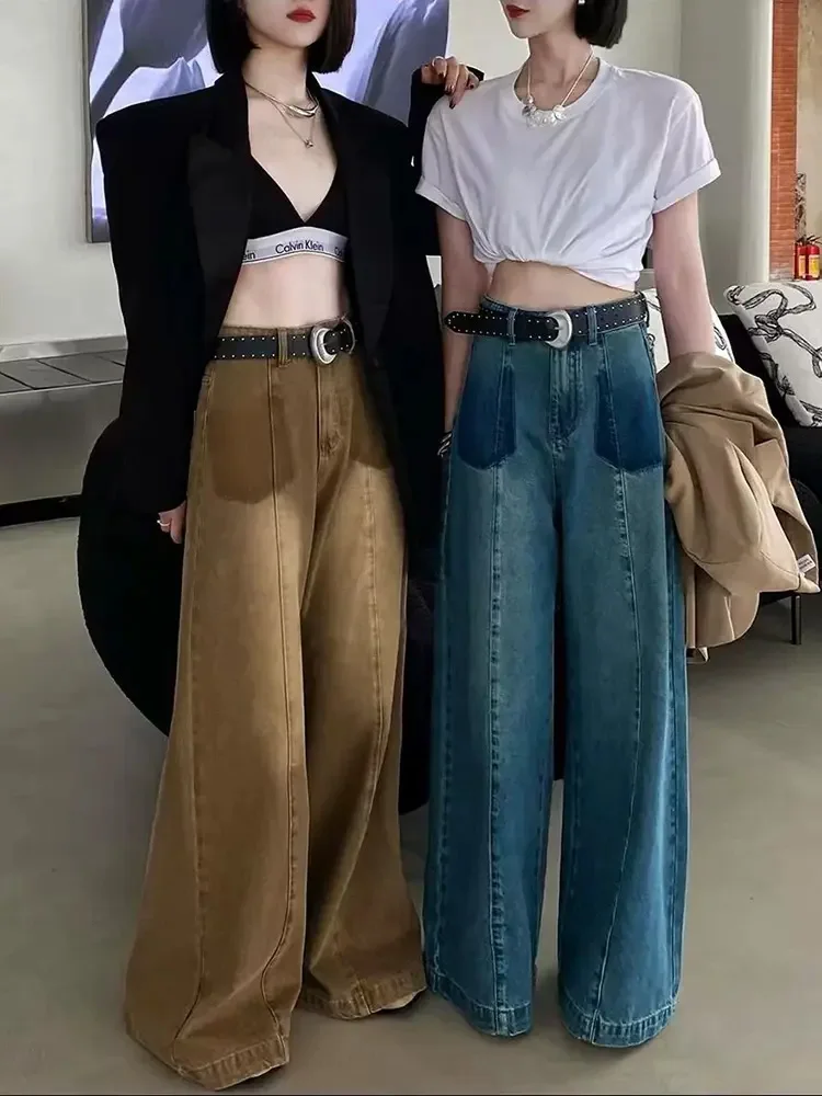 

Винтажные широкие прямые джинсы с градиентом, мешковатые уличные брюки с высокой талией Vaqueros, модные свободные женские повседневные джинсовые брюки