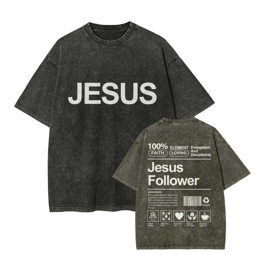 

Solid Letter Jesus Follower Print T-Shirt Loose Round Neck Top Women Fashion Loose Short Sleeve Hip Hop Snowflake Wash T-Shirt