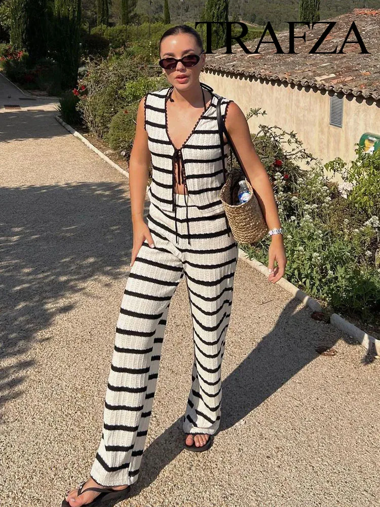 TRAFZA Women Summer 2 Piece Suit Black And White Striped V-Neck Lace-Up Tops+WomanKnitted High Waist Wide Leg Pants Set Traf