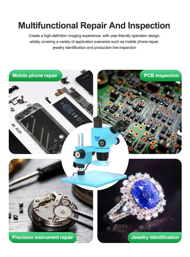 RL-M6T Pro-B11Trinocular HD กล้องจุลทรรศน์สเตอริโอ 6.5 ~ 65 ต่อเนื่องซูม,หัวหมุน Mobile PCB Repair Station,CTV Adapter Series แบบเป็นทางการ