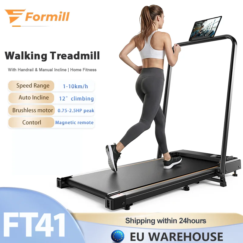 Esteira Dobrável FT41 com Apoio de Braço, 0.75-2.5HP, 1-10km/h, Controle Remoto Magnético, Máquina de Exercício para Fitness em Casa