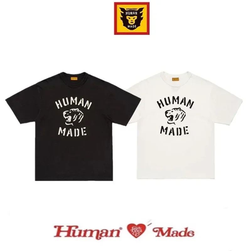 Human Made Style Tiger Letter Print Slub Cotton T-Shirt, Casual Tee for Unisex