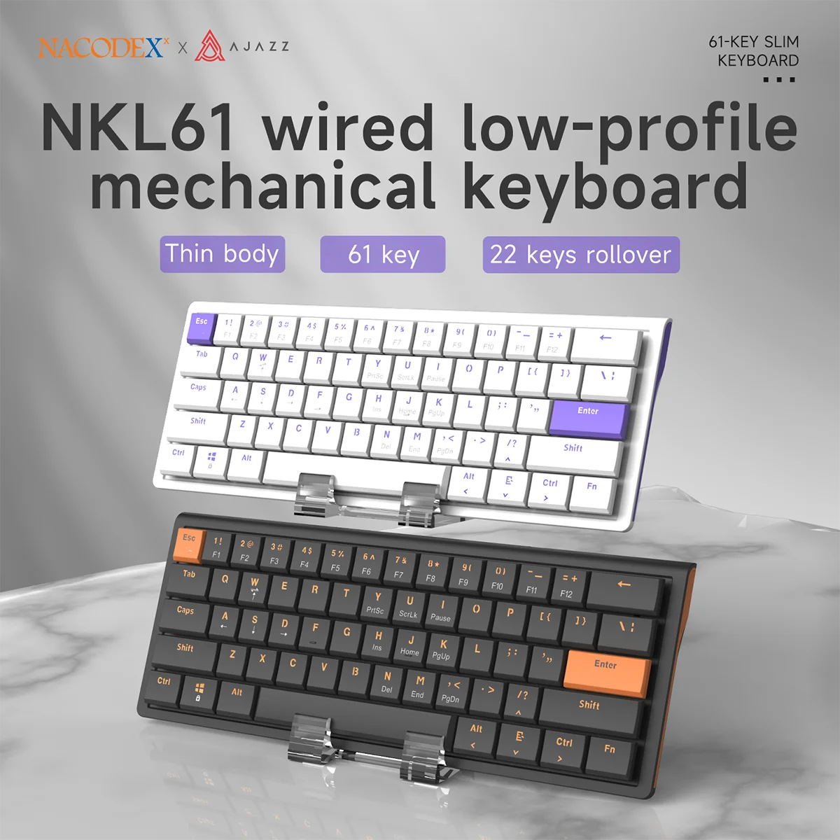 AJAZZ NKL61 Kabelgebundene Low-Profile-Gaming-Tastatur mit 61 Tasten, kurzer roter Achse, Hot-Swap-fähig, DIY