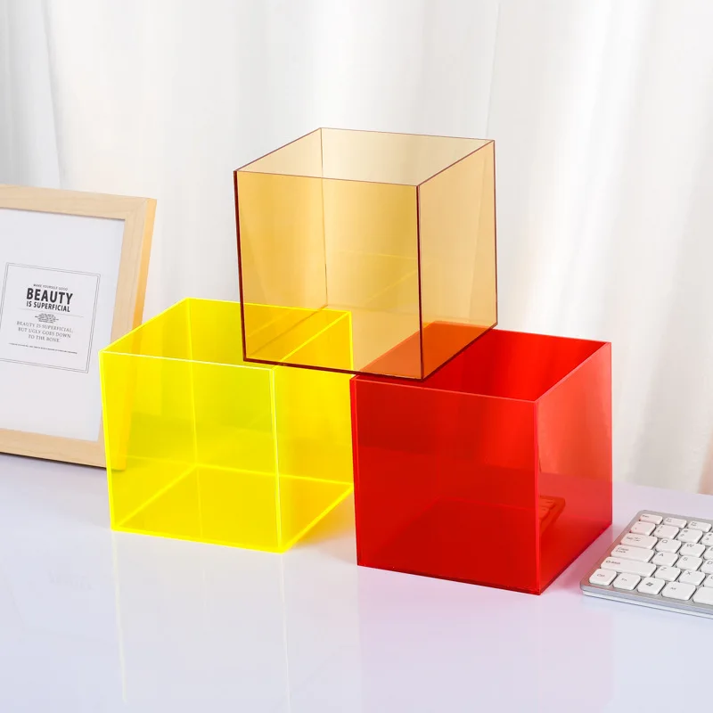 Color Acrylic Cube Display Stand Square Storage Box Tray Retail Shop Holder Pen Cosmetics Finishing Box Miscellaneous Organizer