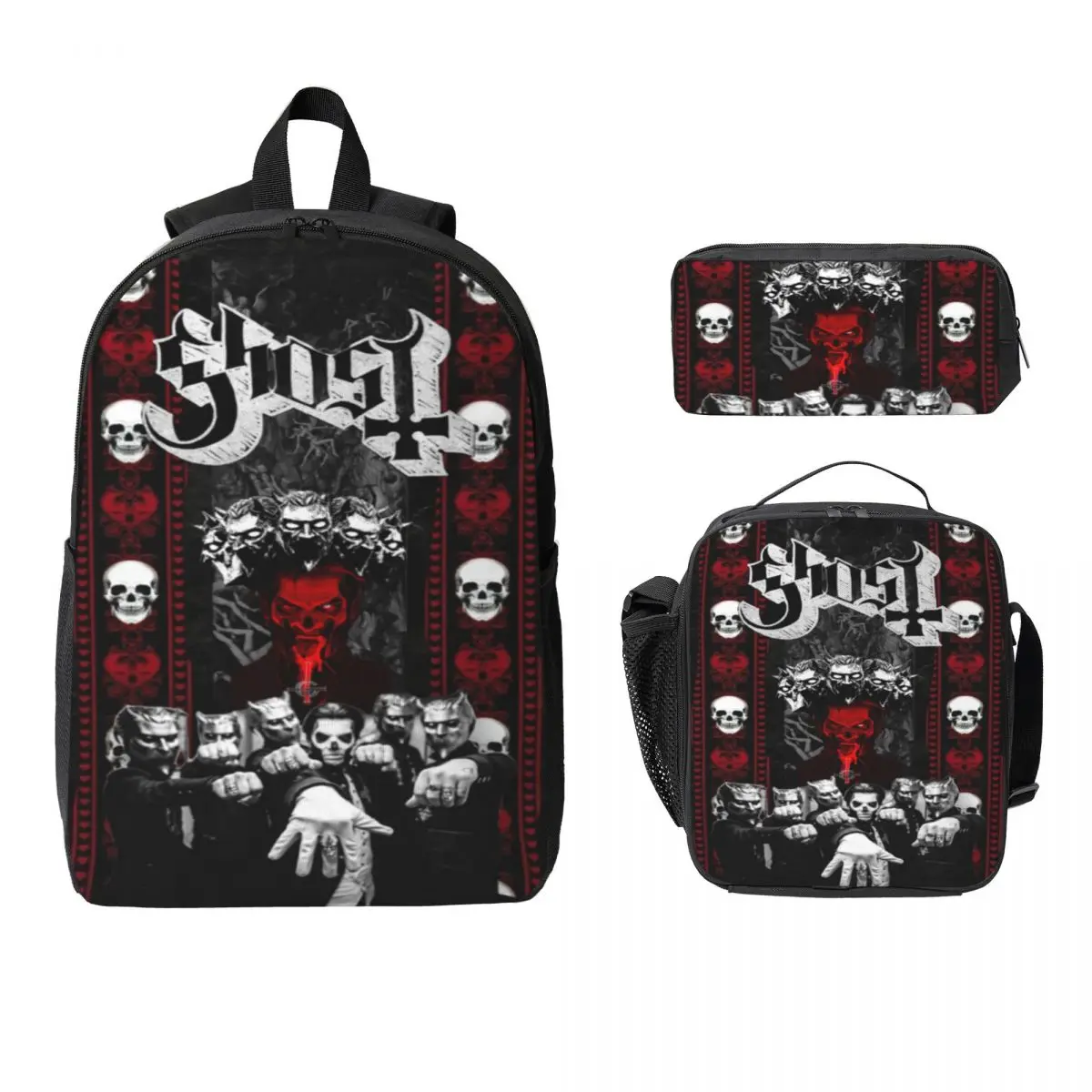 3Pcs Ghost Rock Metal Band Backpack Set for Kids Pen Bags Bookbag Sets with Lunch Box For School Students Knapsack