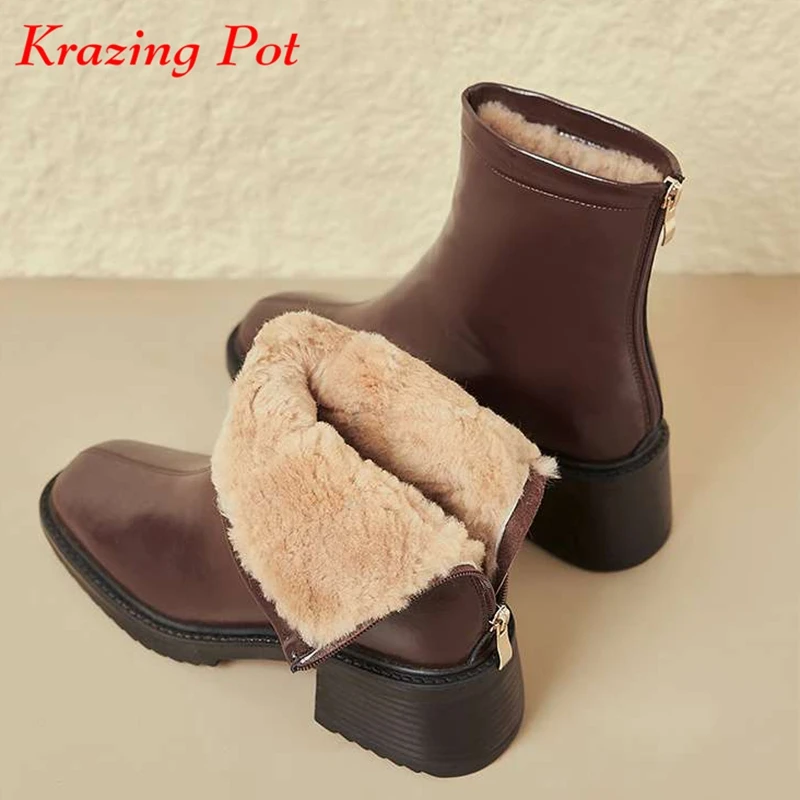 Krazing Pot Wool Fur Cow Split Square Toe Zip Winter Warm Snow Boots Thick Heels Cold-resistant Preppy Style Zipper Ankle Boots