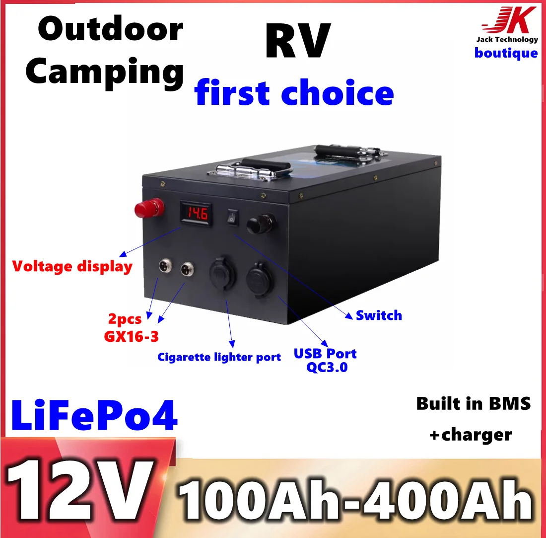 

JK LiFePo4 12V 100AH 200AH 300Ah 400Ah solar energy storage lithium battery suitable for RV camping Inverter,Outdoor lighting