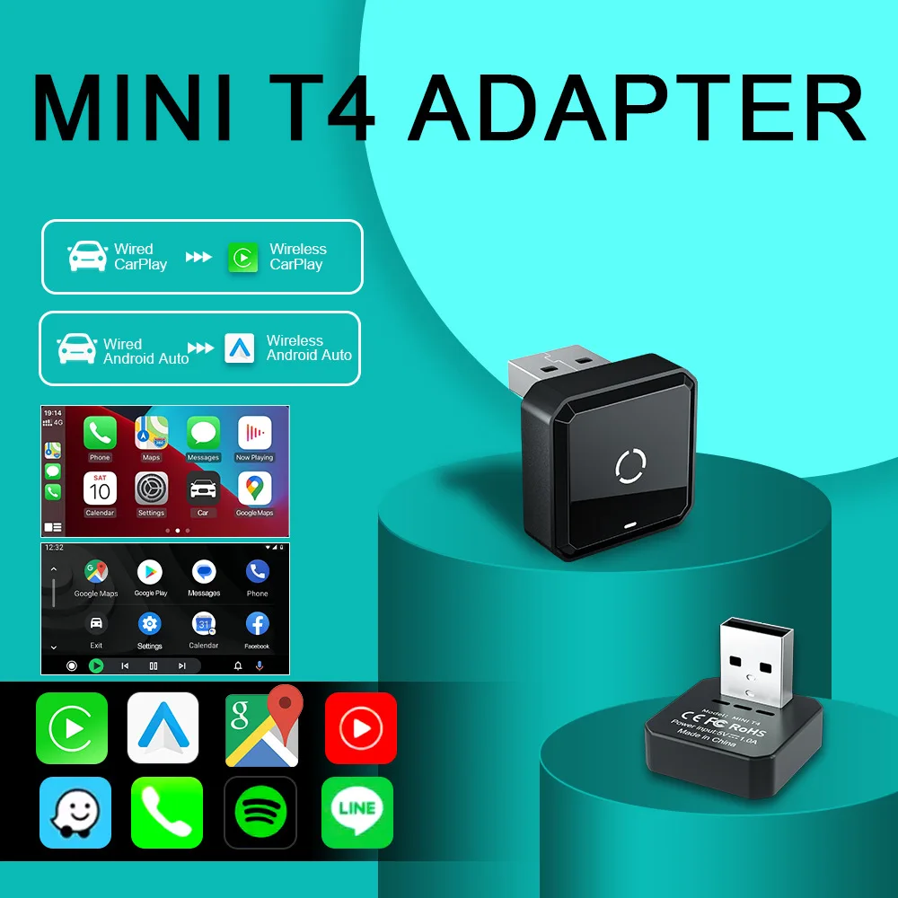 

T4 2 в 1 проводной к беспроводному адаптеру CarPlay Android Auto Plug and Play Dongle Smart Mini Box Wi-Fi и BT Connection Fit Vehicle