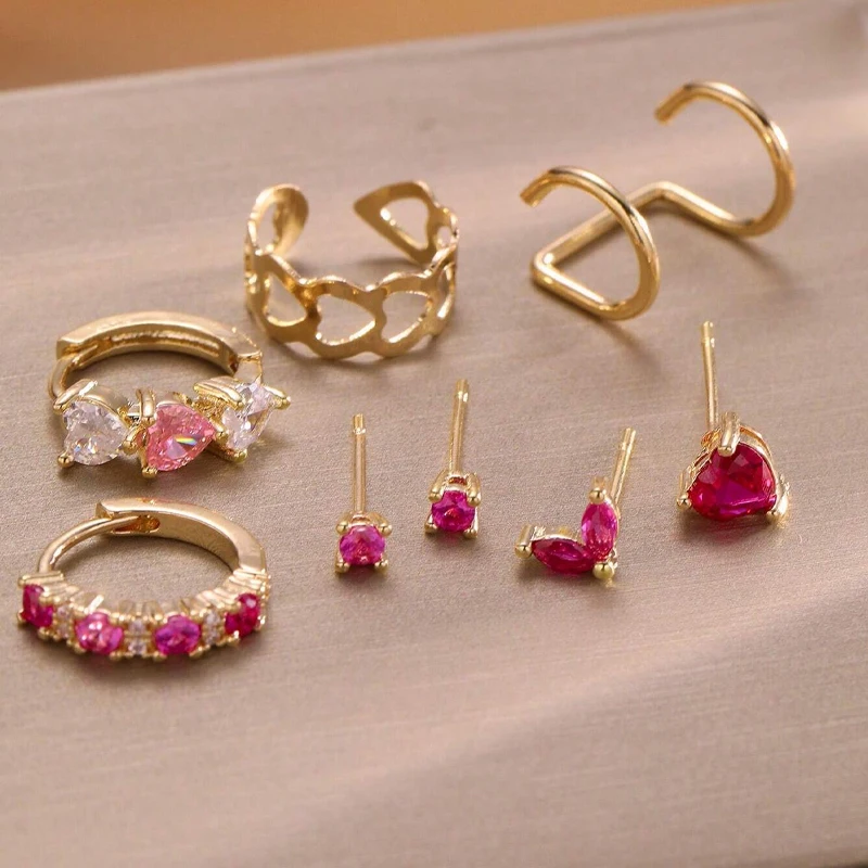 Gold Color Simple Heart Zircon Ear Cuff Clip on Earring for Women No Pierced C Shape Pink Crystal Earcuff Ear Wrap Clips Jewelry