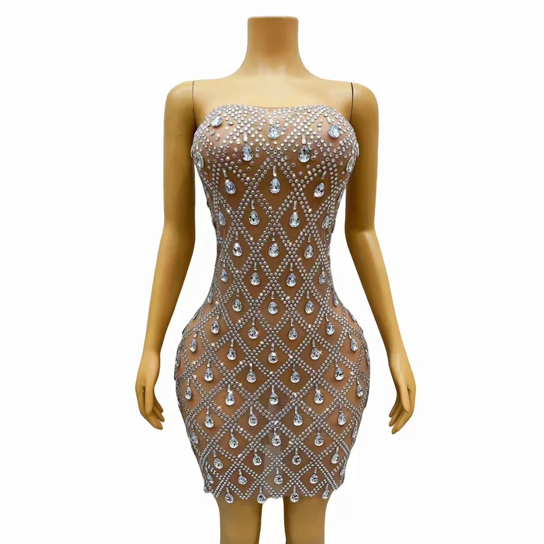 

Elegant Sexy Female Short Dress Mesh Crystals Rhinestones Silver Evening Celebration Wedding Stage Wear dance woman costumes