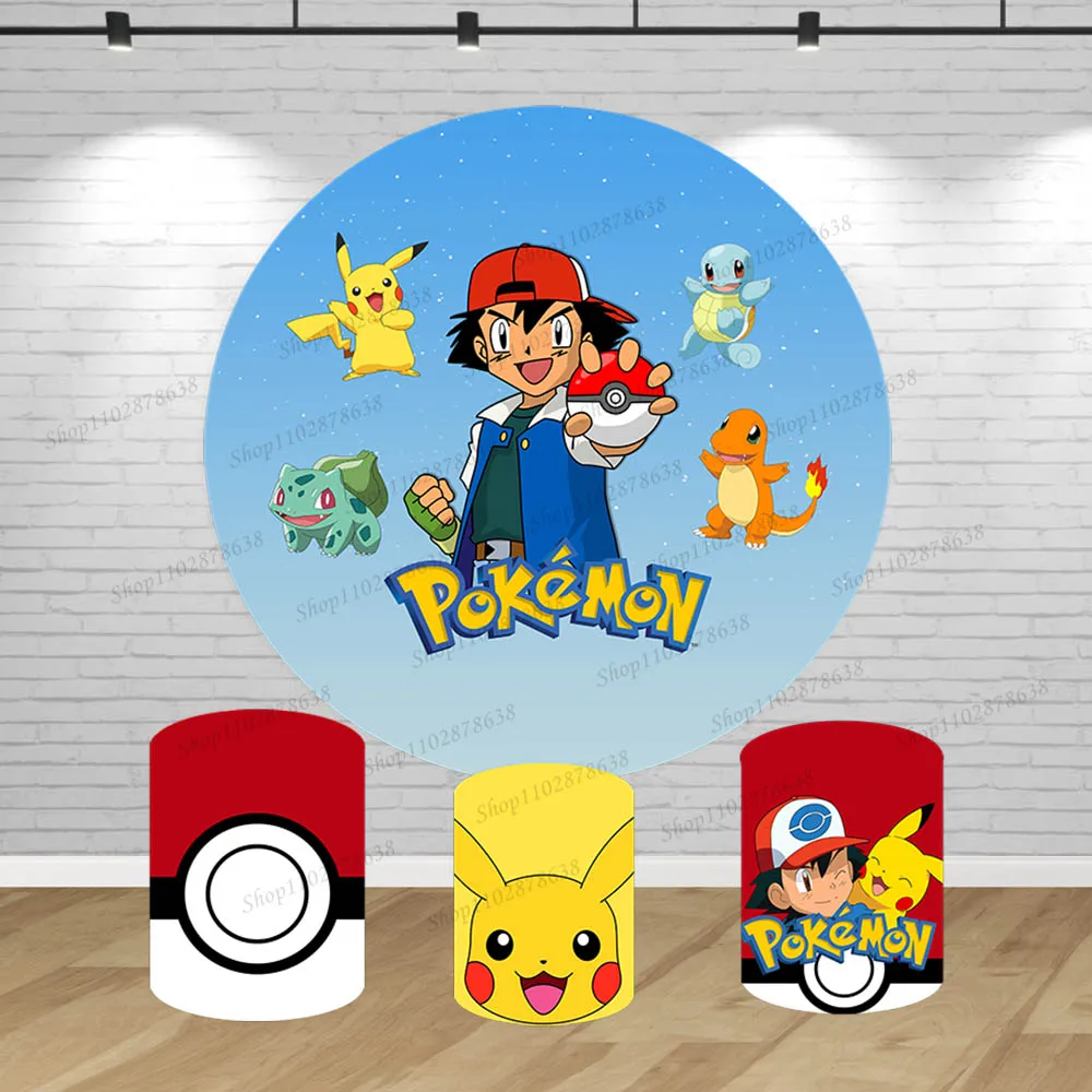 

Pokemon Pikachu Background Covers Round Decor Kid Boys Birthday Party Backdrops Baby Shower Pocket Monster Cylinder Elastic