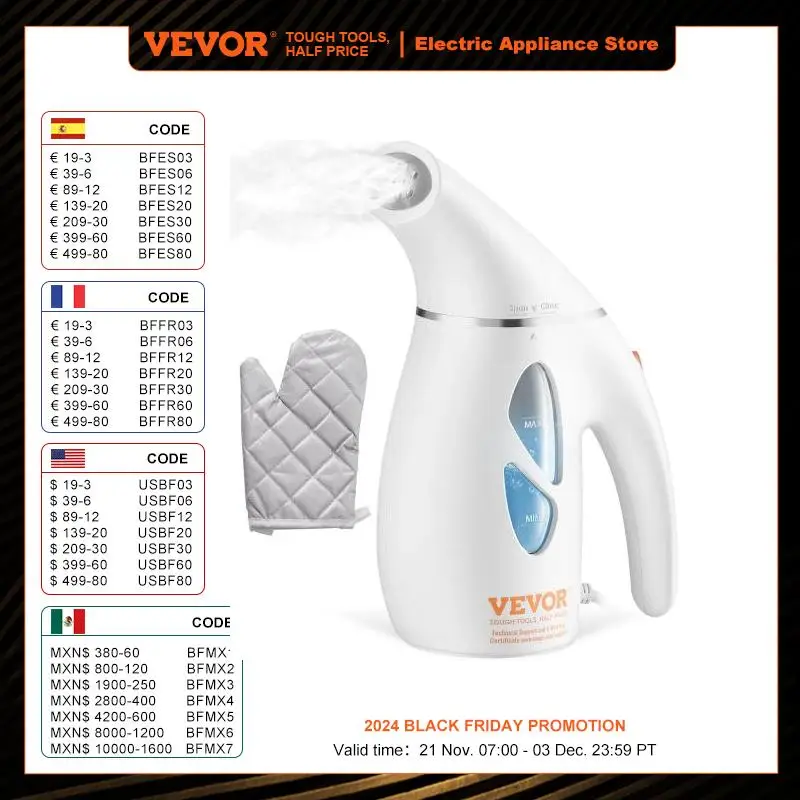 VEVOR Portable Handheld Fabric Steamer 900W Quick Heat Steamer for Clothes Wrinkle Remover Clothing Iron Garment Steam Cleaner