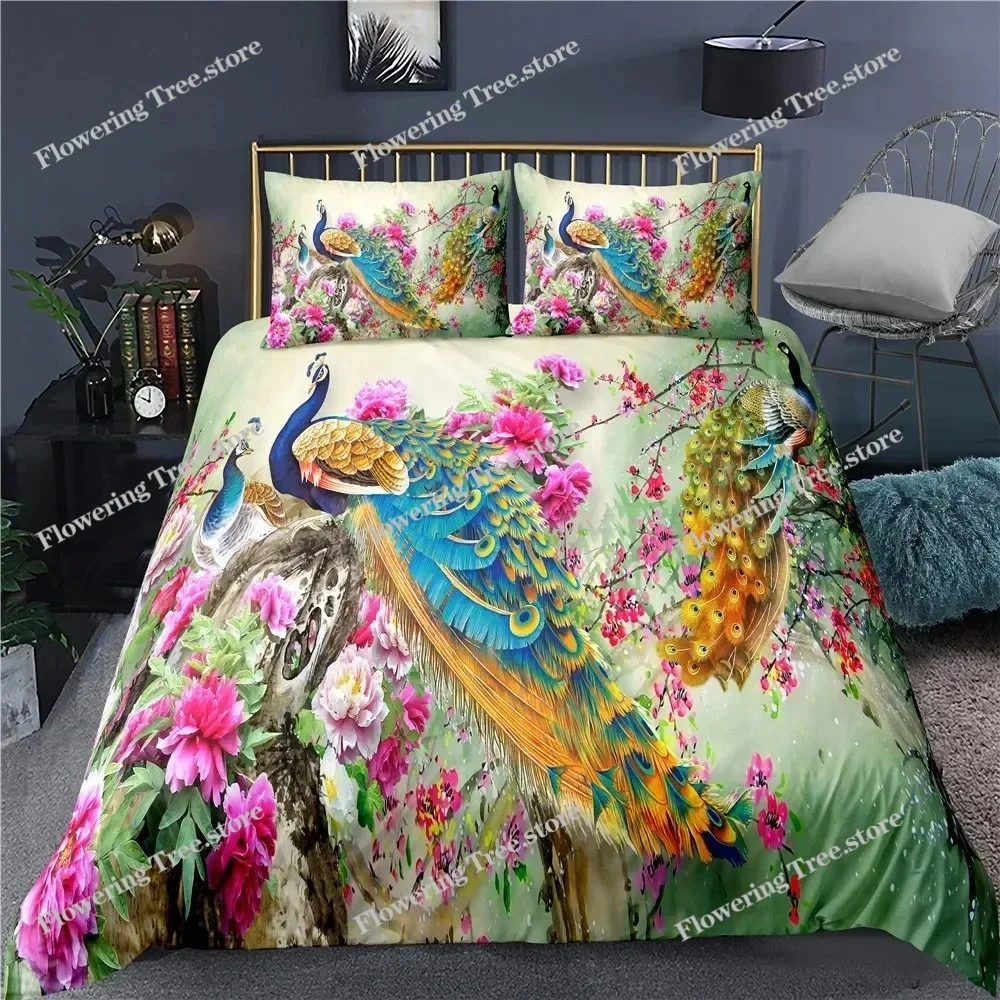 

Peacock Duvet Cover Set KingQueen Size Green Peacock Golden Floral Pattern Soft Bedding Set Women Adults Polyester Quilt Cover