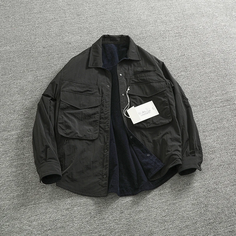 Reversible A+B fabric outdoor functional cargo jacket men\'s loose pocket lapel retro American casual jacket