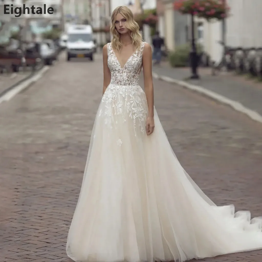 Eightale عاجي تول رقبة على شكل V ذيل محكمة فساتين زفاف 2025 زي العرائس زينة دانتيل رداء De Mariage مخصص