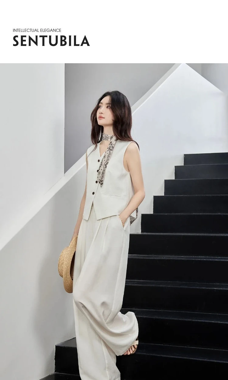SENTUBILA Office 2 Piece Pant Set 2026 Women Linen Blend Summer Suit V Neck Waistcoat Wide Leg Baggy Pant Print Scarf 162ZA5663Z