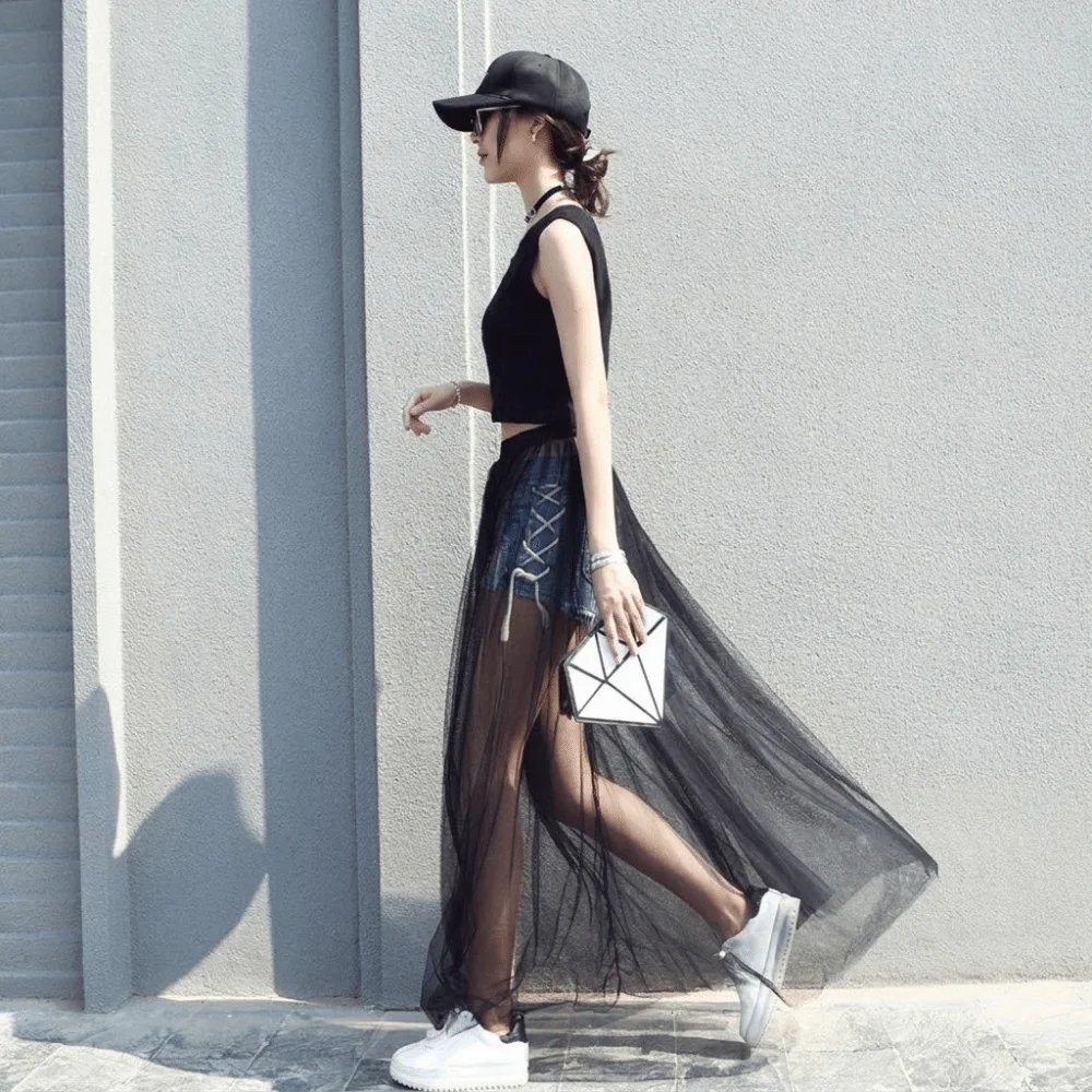 Casual Black Mesh Skirts Single Layer Elastic Waist Transparent Gauze Skirt Long See-through Skirts