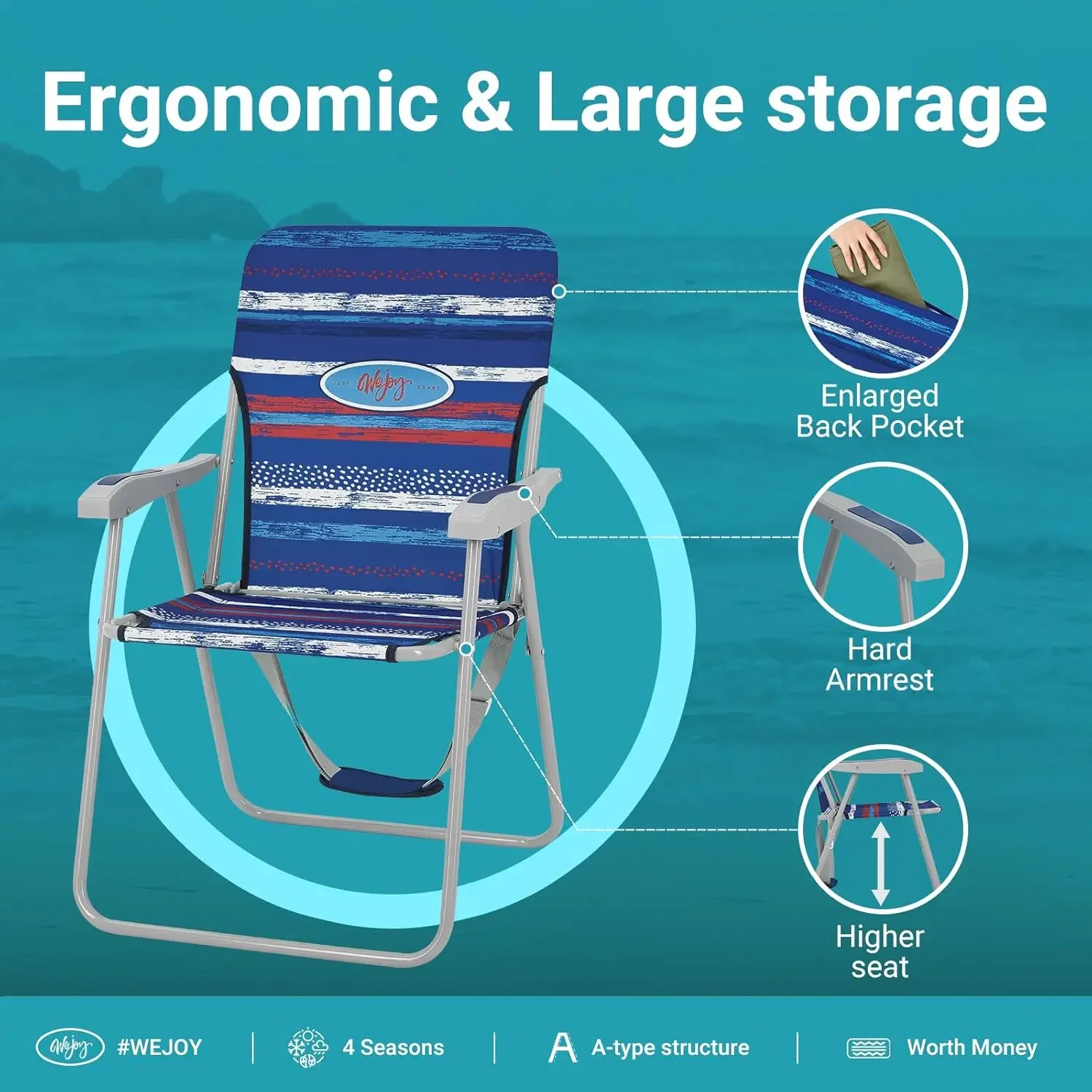 Folding Beach Chair for Adults, Lightweight Beach Chair with Shoulder Straps, High Back Beach Chairs with Hard Armrest, Cyan