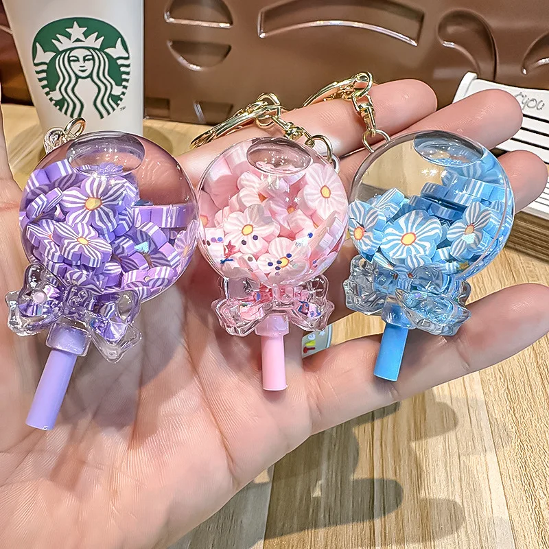 Quicksand Bottle Keychain Pendant Exquisite Women's Key Chain Small Flower Crystal Accessory Cute Backpack Charm