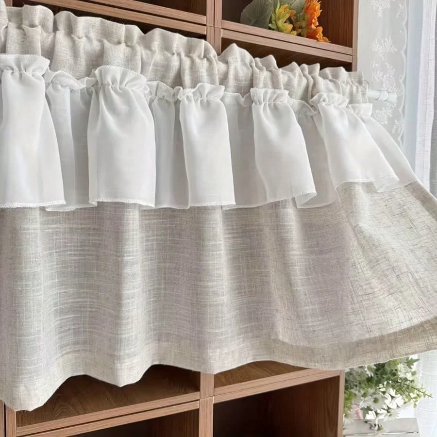 1pc Fashion Ruffled Linen Texture Curtain, Vintage Style, Rod Pocket Design, Suitable for Kitchen, Living Room, Cafe Decoration