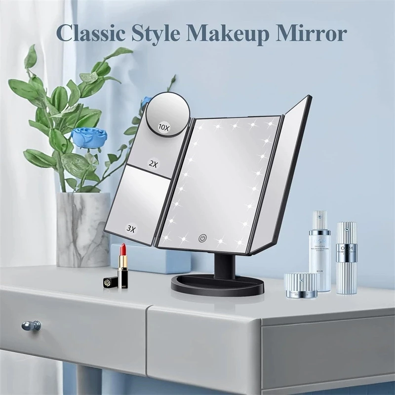 1pc Portable Makeup Mirror Vanity with LED Lights 2X 3X 10X Magnification Lighted Mirror Touch Control Trifold Dual Power Supply