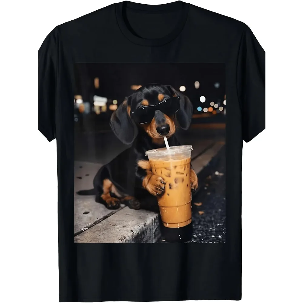 Unisex Funny Dachshund Drinking Iced Coffee Dog Meme Casual Graphic T-Shirt, 100% Cotton 180g, Retro Statement Funny Meme Streetwear
