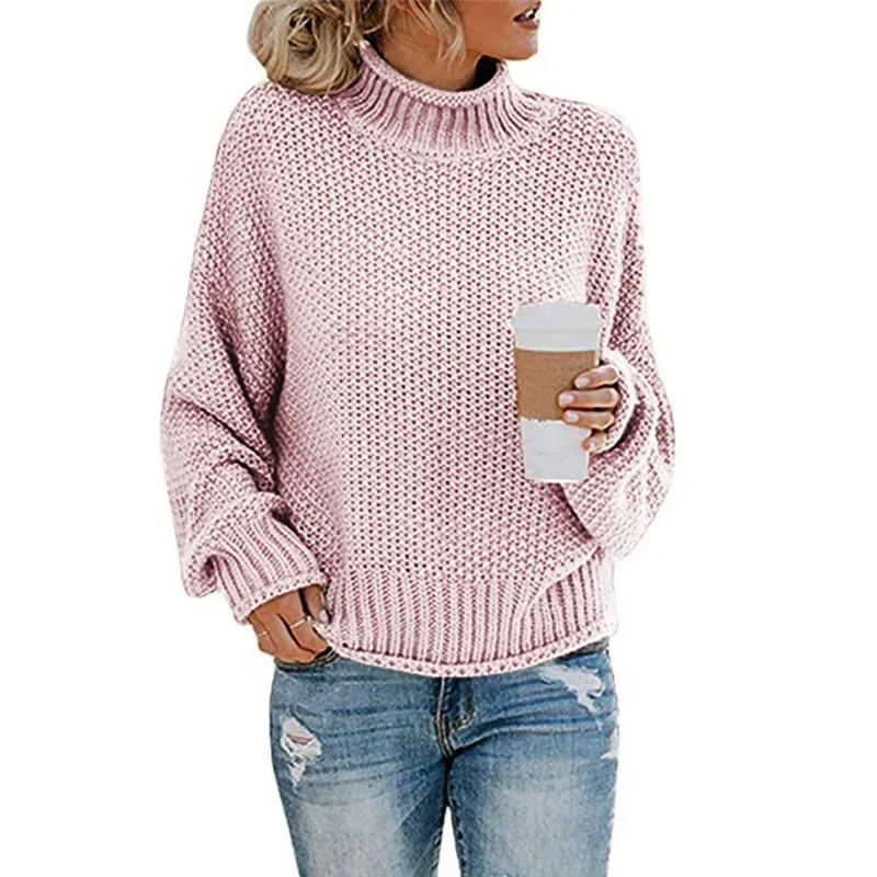 Europe and America Solid Color Casual Knitted Pullover Sweater, Women's Autumn/winter Loose Turtleneck Long-sleeved Knit Sweater