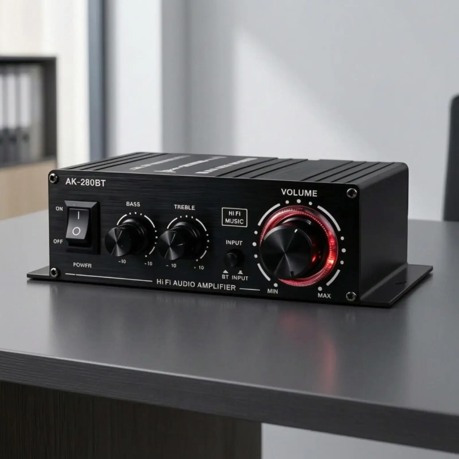 AK-280BT-280BT Amplifier All-Black Amplifier with Bass and Treble Control Mini Amplifier RCA Input Low-Profile