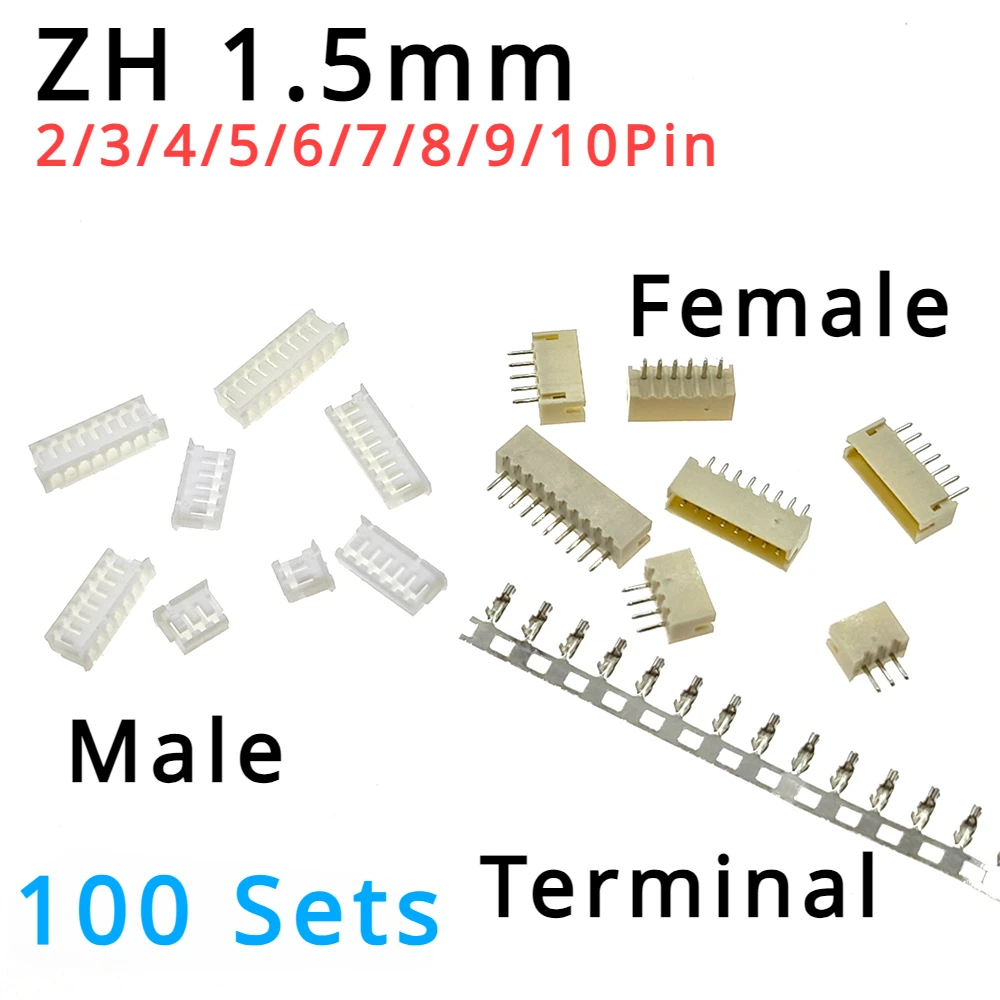 100 Sets JST ZH 1.5mm 2/3/4/5/6/7/8/9/10Pin Straight Pin Male, Female Connector Socket with Crimps