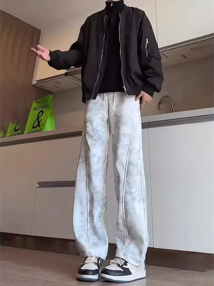 

Men's ey Floral Tie Dye Fce Lined Thiened Knife Sports Pants Straight Leg Bell Bot Winter Casual Trousers