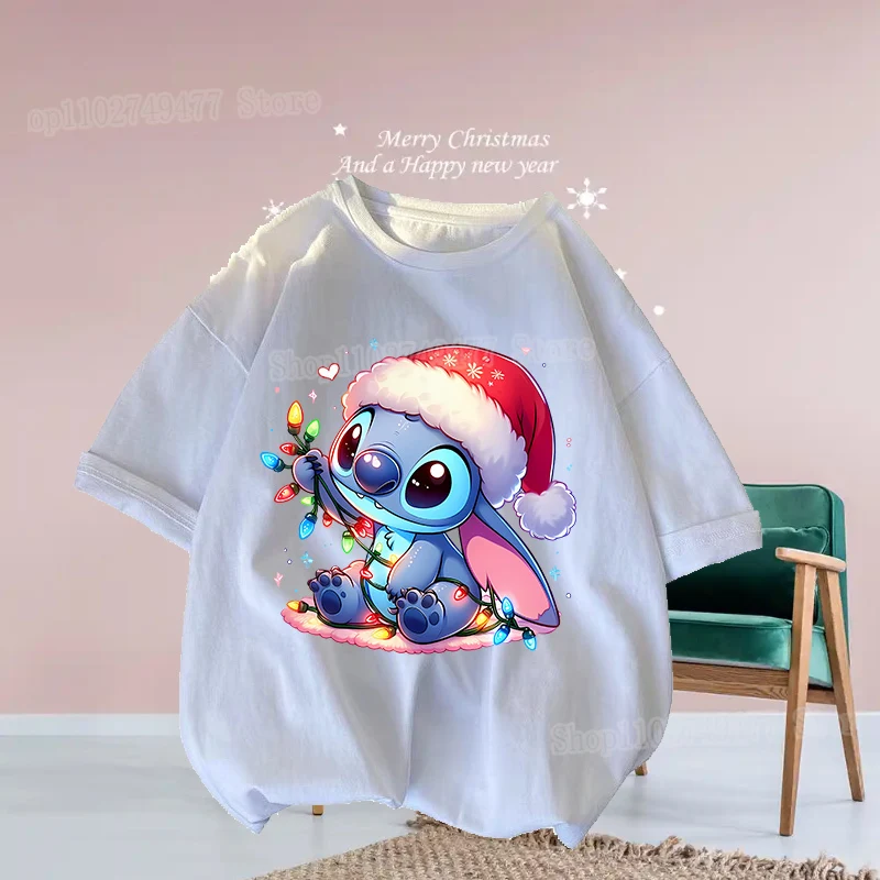 Christmas Disney Stitch T-shirt Cotton Short sleeved Top Xmas Day Printed Decoration Summer o Neck Breathable Clothing