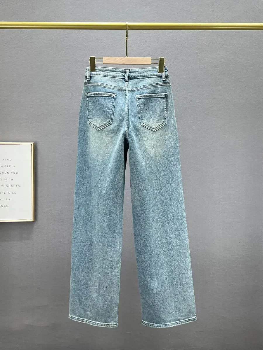 Rhinestone Pendant Design High Waist Wash Jeans Women's Summer Loose Slimming and All-Matching Straight-Leg Pants