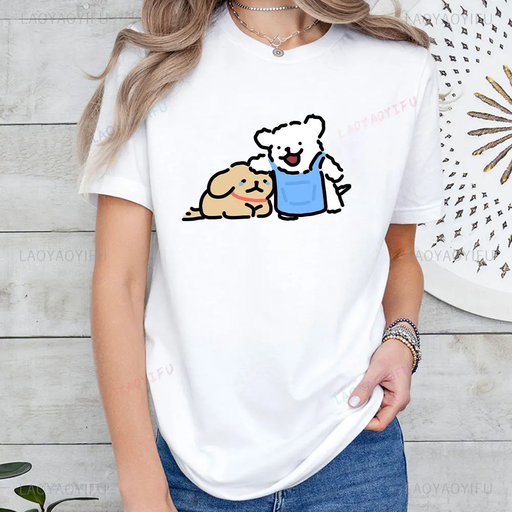 Cute Maltese Line Puppy Women Clothing Man Couple Printed T-shirt Kawaii Cartoon Girlfriend Boyfriend Birthday Gift Ropa Mujer