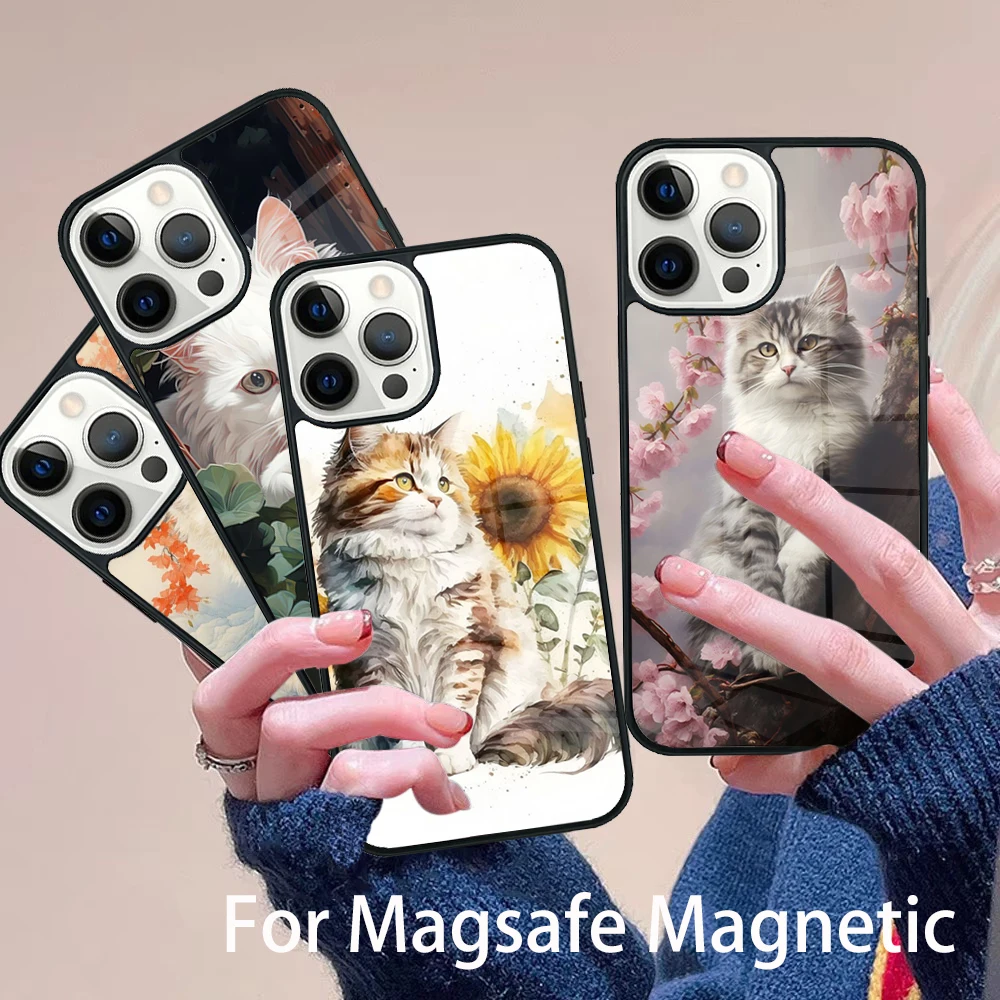 

Cute Cat Painting Phone Case Magesafe Magnetic Wireless Charge Cover For IPhone 16 11 12 13 14 15 Pro Max Plus Mini