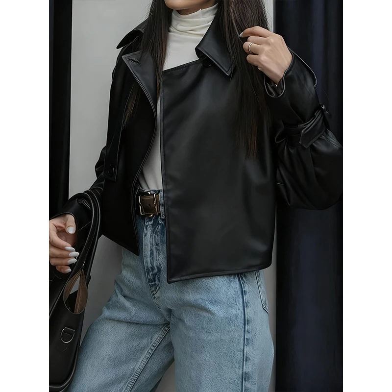 Retro Solid Color Lapel  Faux Leather Motorcycle Jacket Women Trendy Long Sleeve Coat 2025 New Autumn Winter High Street Outwear