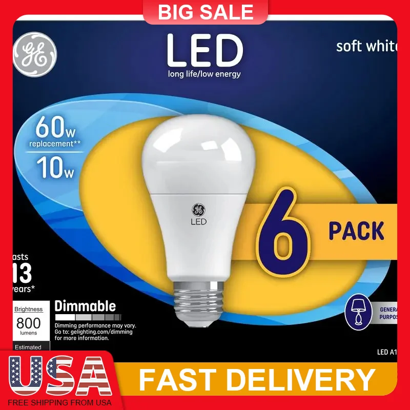 

6 Pack 60W Equivalent A19 LED Light Bulbs Soft White 800 Lumens Dimmable E26 Base 2700K Energy Long Lasting