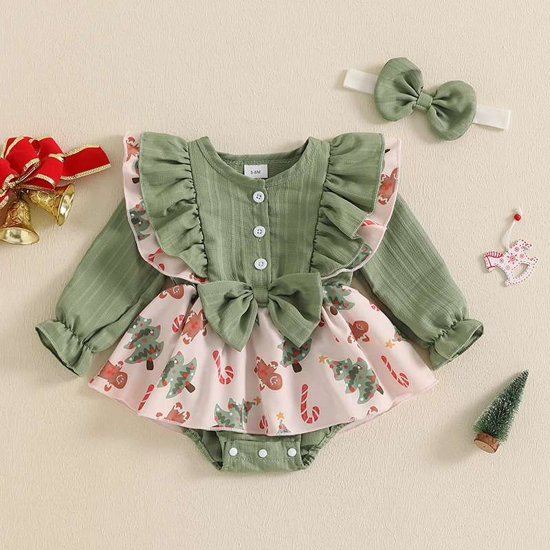 Baby Girls Christmas Outfits Ruffle Long Sleeve Bow Romper with Headband 3 Pieces Set Newborn Clothes