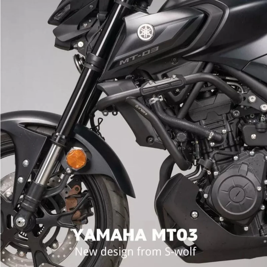 For Yamaha MT-03, customization accessories: racing-style bumper, stainless steel rear bracket, and crash protection guard.