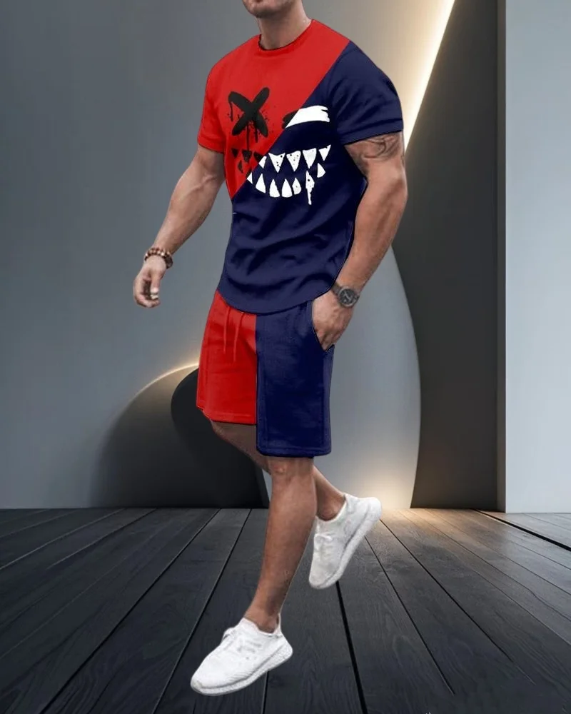 

Summer Hot Sale Black and Red Printing Men's Short-sleeved Shorts Casual Comfortable Simple Fashion Sports Two-piece Set