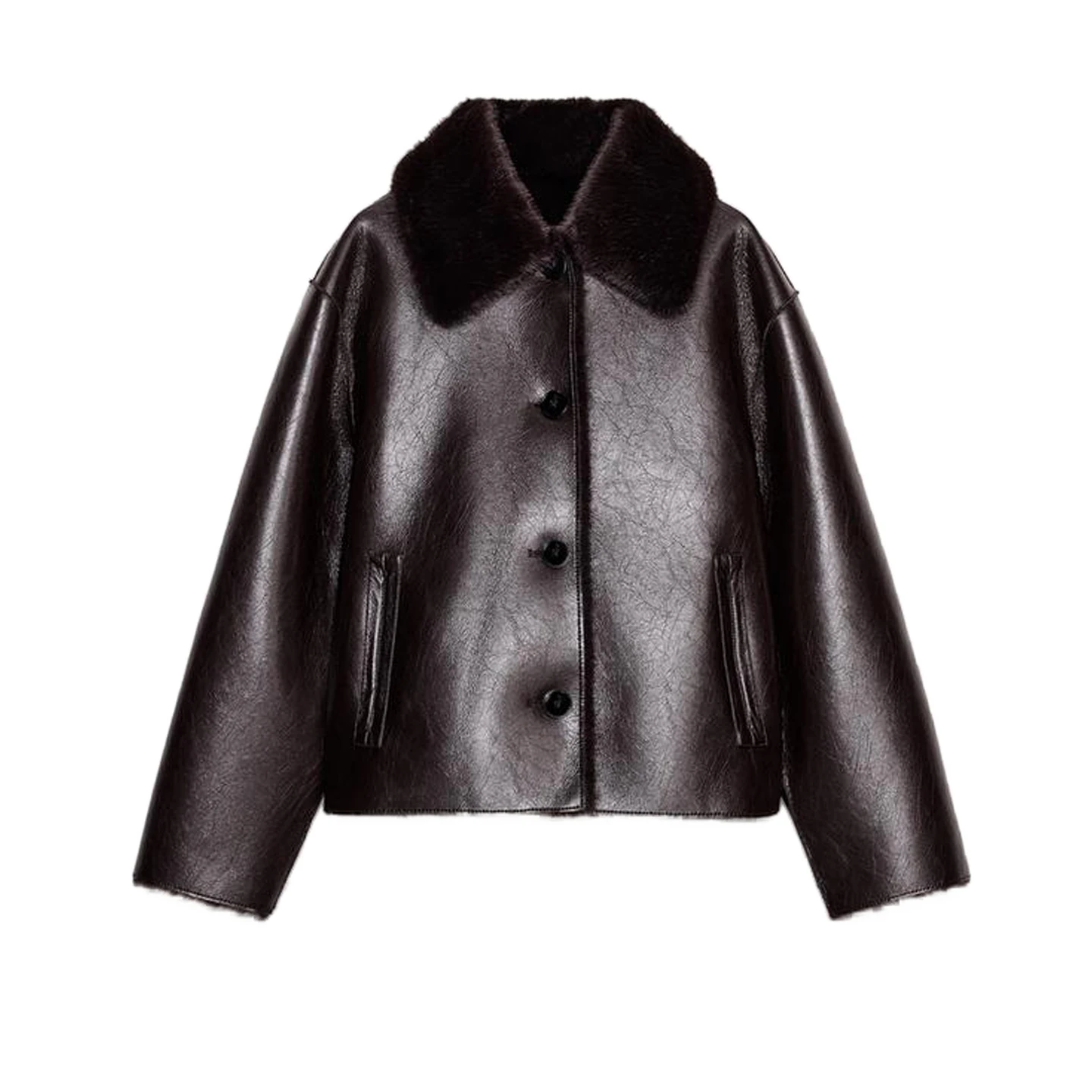 خريف شتاء جديد المرأة عادية Sle الوجهين بولي Leather الجلود ort Jaet معطف طويل Sve بدوره إلى أسفل طوق Faionable الدافئة