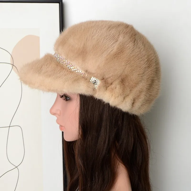 Fashionable new water-fleece hats for women warm fur baseball domed real water