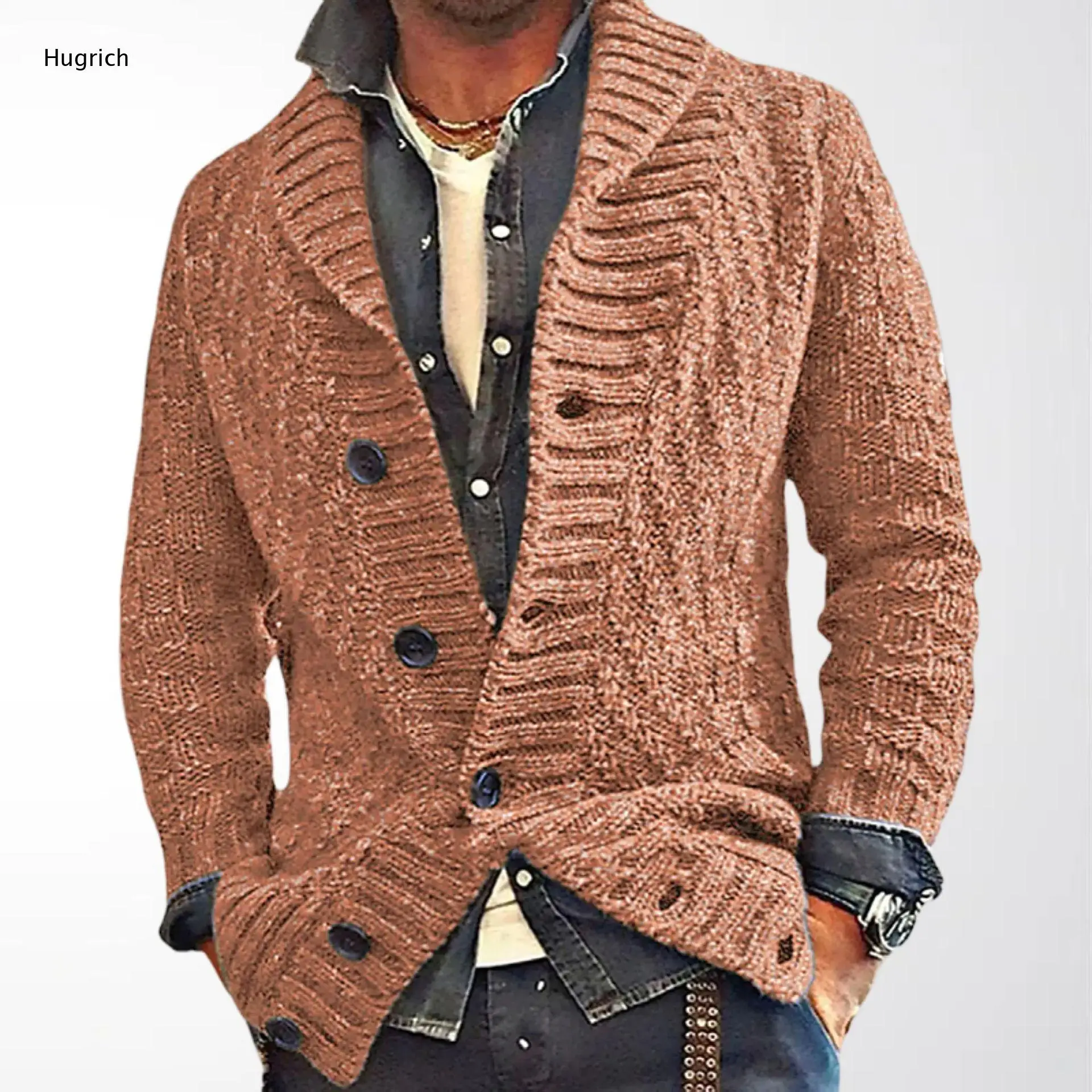 Men's Thick Warm Mixed Color Knit Jacket - Relaxed Fit Shawl Collar Patch Pocket Button Down Vintage Outerwear