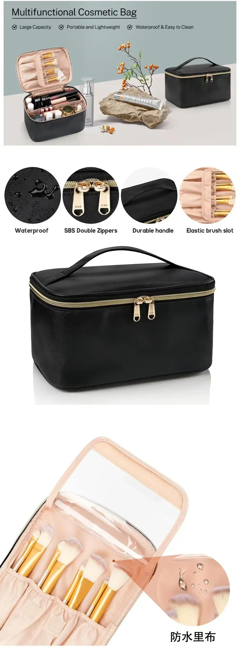 Große Kapazität Tragbare Kosmetiktasche Reise-Make-up-Organizer für Frauen Schwarze Toilettentasche für Mädchen auf Reisen – Detail 3