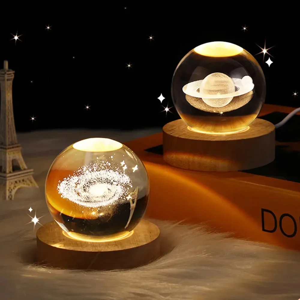 3D carved crystal ball, night light, galaxy glass ball, wooden luminous base, desktop ornament, New Year decoration gift